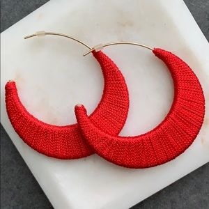 Gold and red thread hoop earrings